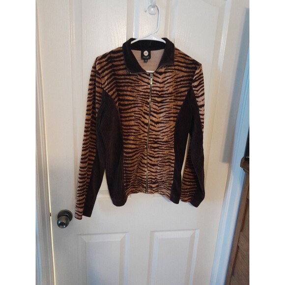 JNY Vintage Women’s Large Brown Zebra Design Zop Up Jacket Corduroy Border.b14 - Picture 1 of 4